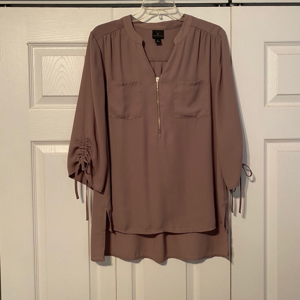 Worthington Women's Taupe Blouse with Zipper and Sleeve Ties